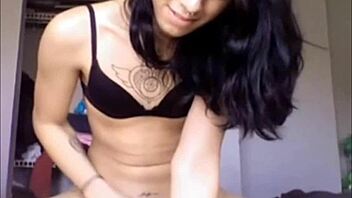 Tranny Strokes Herself and Tastes Sperm