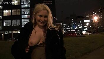 Blonde British Babe Flashes Tits Downtown At Night