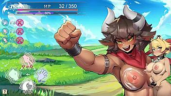 Minos-chan conquest with meaty muscle girl in hentai game.