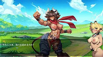 Minos-chan conquest with meaty muscle girl in hentai game.