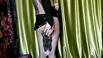Cute fox boy in latex cosplay suit masturbates with moans