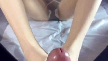 Friend's sister climaxes from pantyhose footjob
