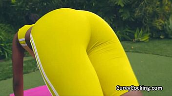 curvy black chick finishes workout riding hard white shaft