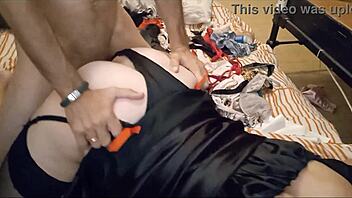 clothed french slut in black satin dress gets fucked doggystyle with blowjob and pussy licking