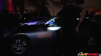 Two gay cops suck and ride big black cock outdoors.