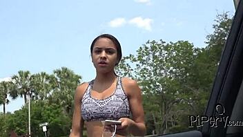 Ebony hottie: Riding that white cock now