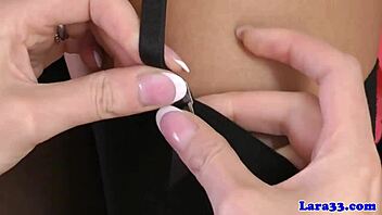 British mature woman intensely dildoing after oral sex in stockings