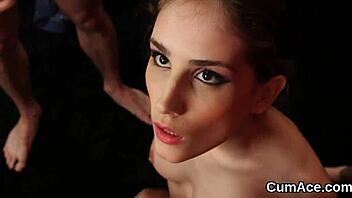 Unusual babe GETS JIZZ LOAD on her face.
