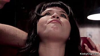 Tiny Asian girl gets choked and fucked in kinky threesome