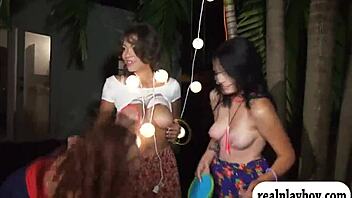 Three gorgeous babes in horny outdoor orgy, want to join the blowjob fun?