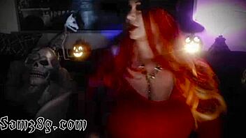 Mature witch in sexy costume chats and bares her big boobs