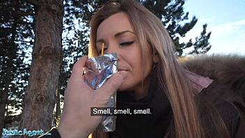 Public agent tricks Tina Princess into a blind cum tasting test outdoors.