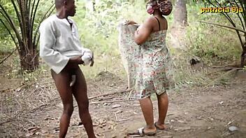 Damn! Chubby ebony woman drilled doggy style in bush with creampie