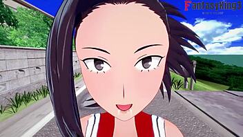 Momo Yaoyorozu's thrilling street show of blowjob and titillation in POV