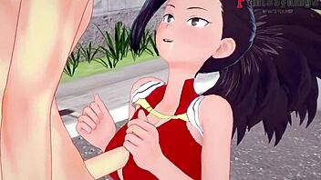 Momo Yaoyorozu's thrilling street show of blowjob and titillation in POV