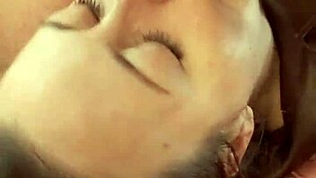 French beauty in satin dress gives a dirty blowjob and intense doggystyle