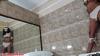 Big tits model gets ready for sexy photoshoot in tiny costume 😍