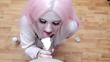 Young Teen Babe Licks Cock Covered With Whipped Cream For Sweet Oral Fun