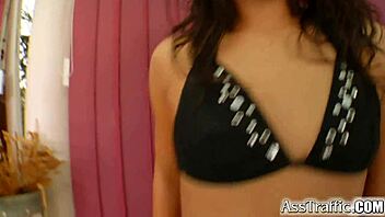 Oiled brunette teen's ass blasted by giant cock.