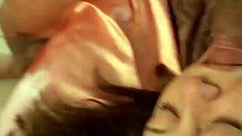 French beauty in satin dress gives a dirty blowjob and intense doggystyle