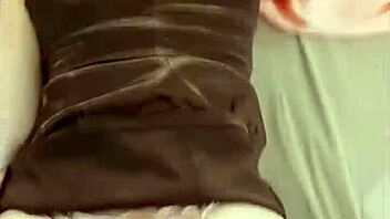 French beauty in satin dress gives a dirty blowjob and intense doggystyle
