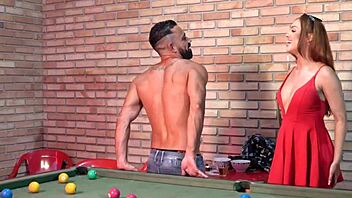 Latina amanda borges licks and gets cumshot on pool table with oscar luz.