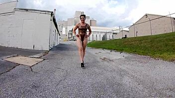 Busty amateur in a thong leotard on outdoor adventures