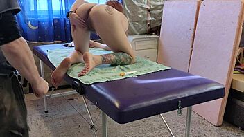 Sasha Grein gets fucked during massage cum on hairy pussy and asshole