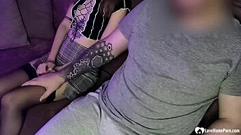 Hottie In Stockings Sucks Dick During Movie Night With Handjob And Deepthroat!