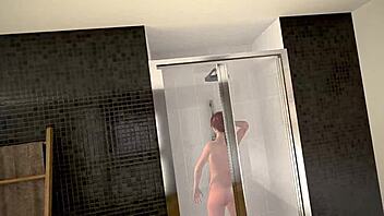 Redhead in shower bathing reality game!