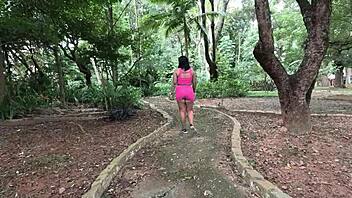 Nympho sweats in park with dripping wet pussy