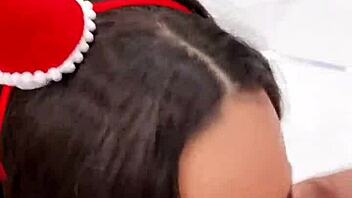 Hot brunette plays ass toy and sucks big dick 🎄