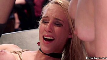 Bizarre group BDSM scenario with bound and gagged slaves