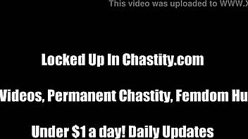 chastity device keeps slave from trouble in femdom bdsm humiliation with handjob and orgasm