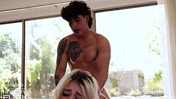 Blonde babe takes big cock doggystyle from muscular bodybuilder