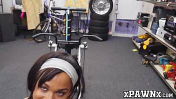 Tiny girl has sex in a pawnshop following a fitness demonstration