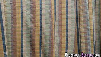 railed gloryhole blonde gobbles and tugs monster cock