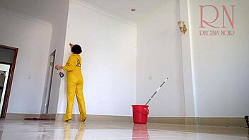 Brunette maid gets stripped and cleaned by her colleague