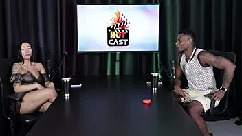 Measuring the hot brunette's ass in sheer red lingerie