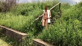 Daring wife's public flashing stroll in pure white attire