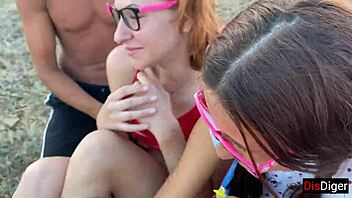 Guys pick up two girls in mountains. They bang hard outdoors!