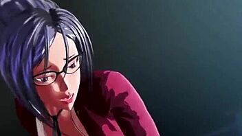 Anime principal masturbates with dildo then rides cowgirl, squirting in sexy cartoon sex