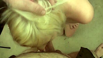 Blonde Charlize Danay swallows cum after blowjob on natural tits.