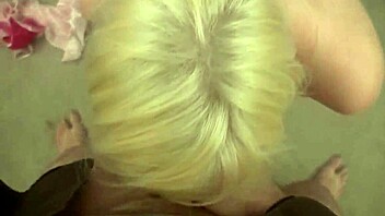 Blonde Charlize Danay swallows cum after blowjob on natural tits.