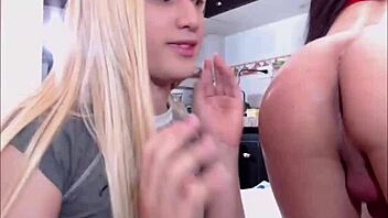 Shemale bombshell drills a brunette’s tight ass in raw homemade action.