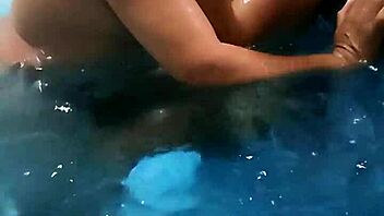 Latina prostitute fucks mature man at pool recording.