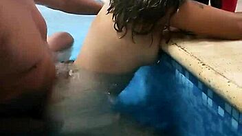 Latina prostitute fucks mature man at pool recording.