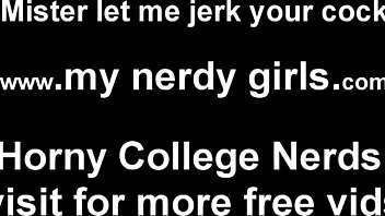 Nerdy girl shows off her masturbation skills and makes him cum