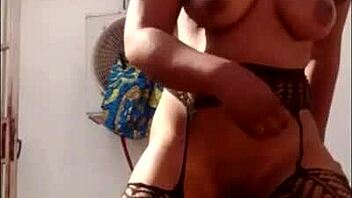 masked ebony fucks herself with dildo outside