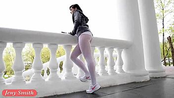 Sporty Jeny Smith, wanna flash those white pantyhose outdoors with me?